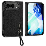 For iPhone Fold Case Kickstand Glitter Texture Foldable Phone Cover with Screen Protector / Wrist Strap