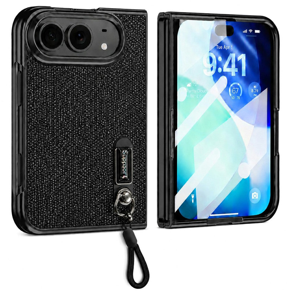 For iPhone Fold Case Kickstand Glitter Texture Foldable Phone Cover with Screen Protector / Wrist Strap