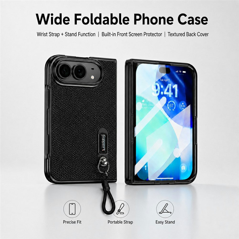 For iPhone Fold Case Kickstand Glitter Texture Foldable Phone Cover with Screen Protector / Wrist Strap