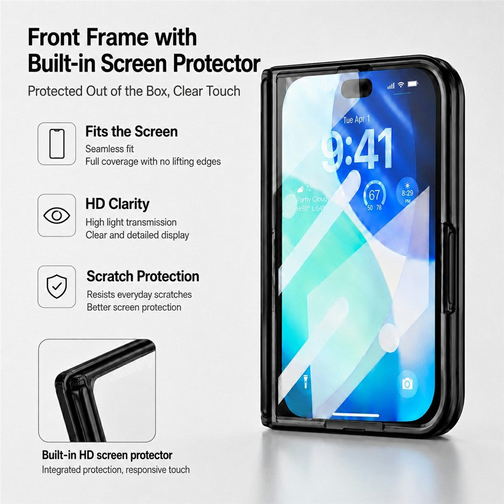 For iPhone Fold Case Kickstand Glitter Texture Foldable Phone Cover with Screen Protector / Wrist Strap