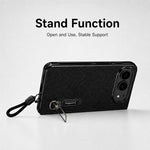 For iPhone Fold Case Kickstand Glitter Texture Foldable Phone Cover with Screen Protector / Wrist Strap