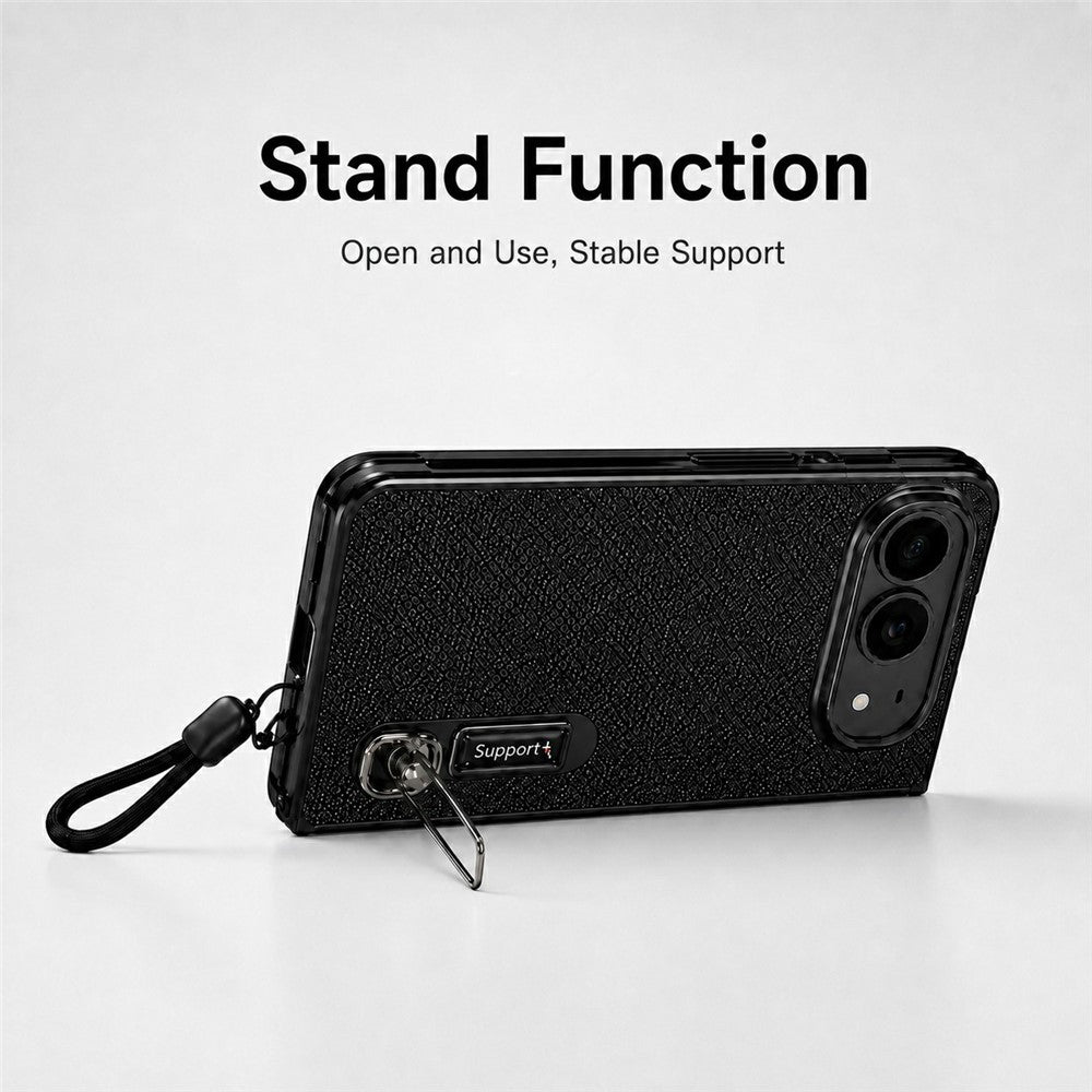 For iPhone Fold Case Kickstand Glitter Texture Foldable Phone Cover with Screen Protector / Wrist Strap