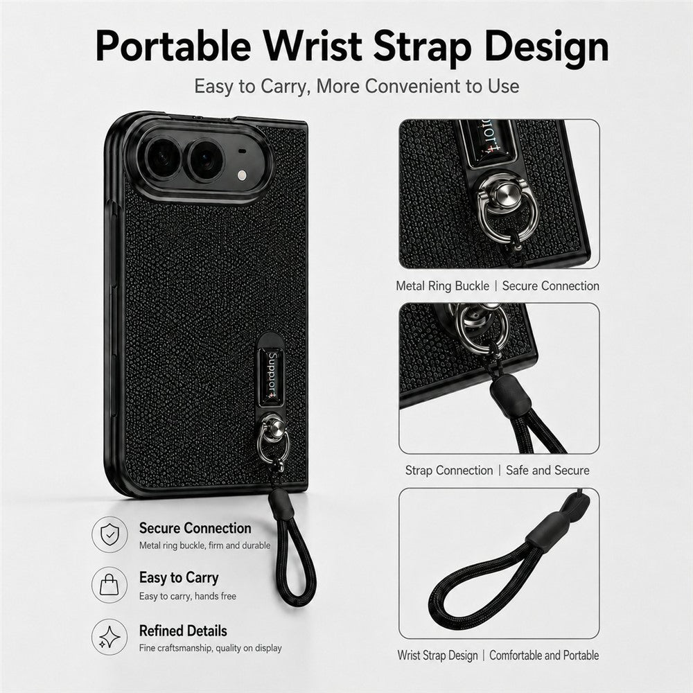 For iPhone Fold Case Kickstand Glitter Texture Foldable Phone Cover with Screen Protector / Wrist Strap
