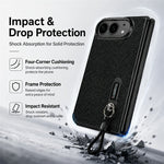 For iPhone Fold Case Kickstand Glitter Texture Foldable Phone Cover with Screen Protector / Wrist Strap