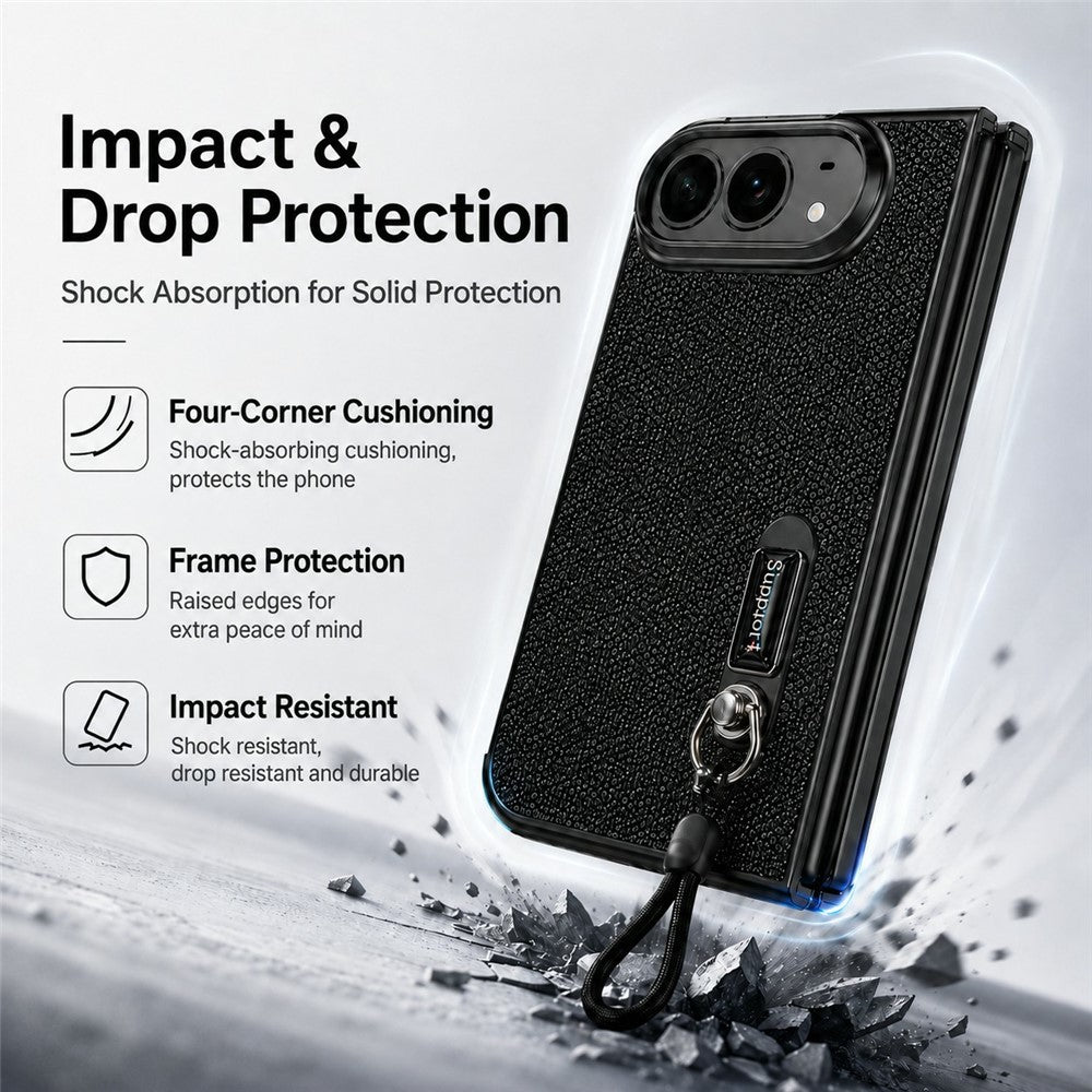 For iPhone Fold Case Kickstand Glitter Texture Foldable Phone Cover with Screen Protector / Wrist Strap