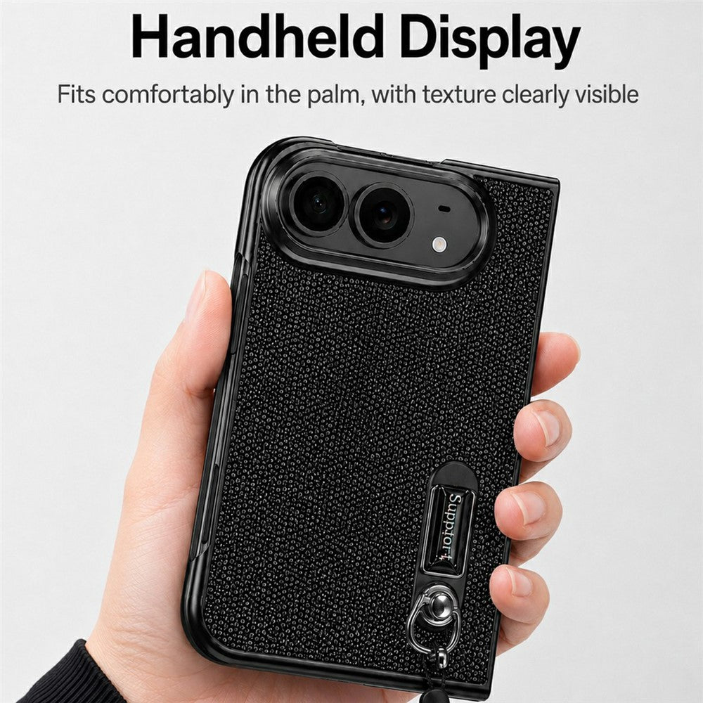 For iPhone Fold Case Kickstand Glitter Texture Foldable Phone Cover with Screen Protector / Wrist Strap