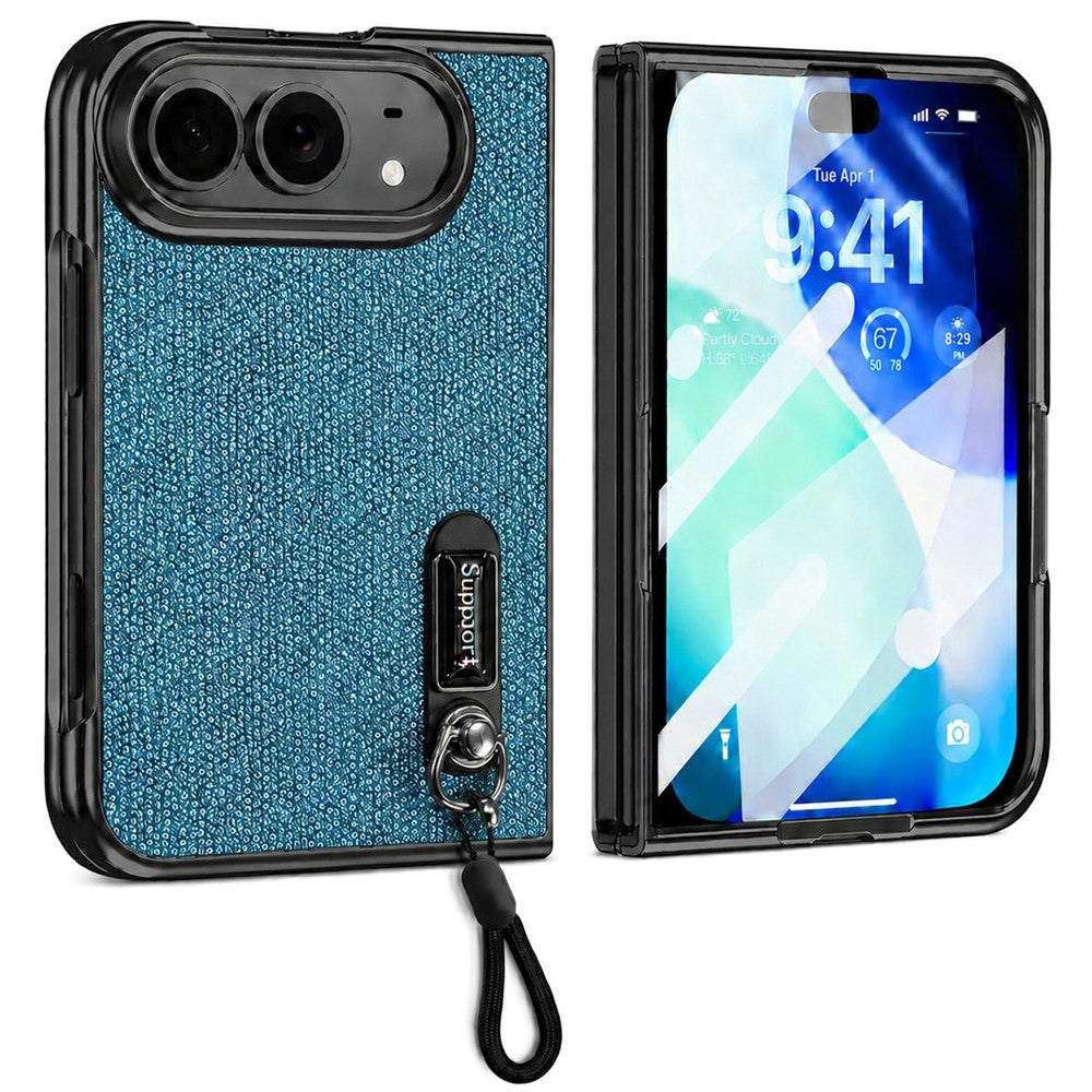 For iPhone Fold Case Kickstand Glitter Texture Foldable Phone Cover with Screen Protector / Wrist Strap