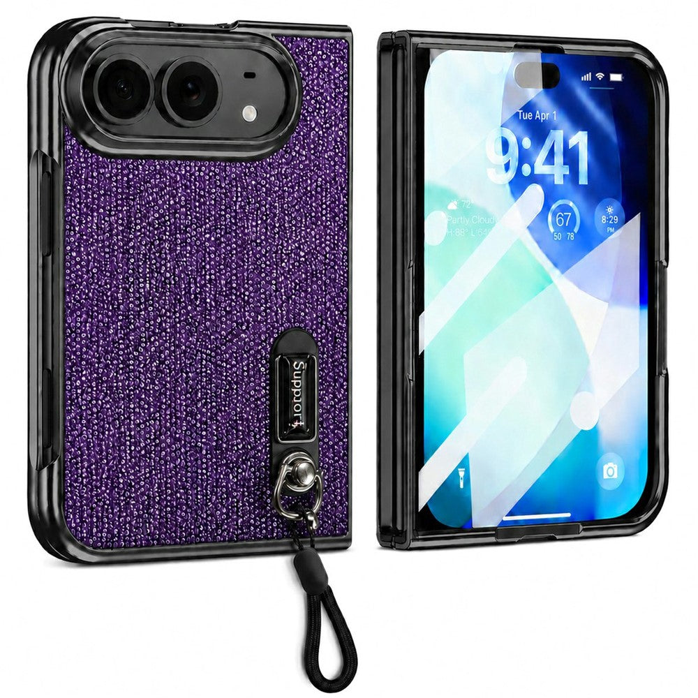 For iPhone Fold Case Kickstand Glitter Texture Foldable Phone Cover with Screen Protector / Wrist Strap