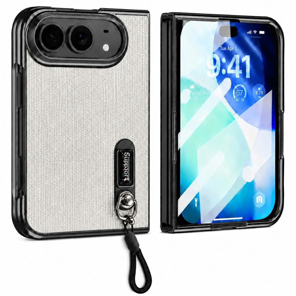 For iPhone Fold Case Kickstand Glitter Texture Foldable Phone Cover with Screen Protector / Wrist Strap
