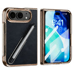 For iPhone Fold Case with Tempered Glass Flim / Stylus, Electroplating Leather + PC Phone Cover
