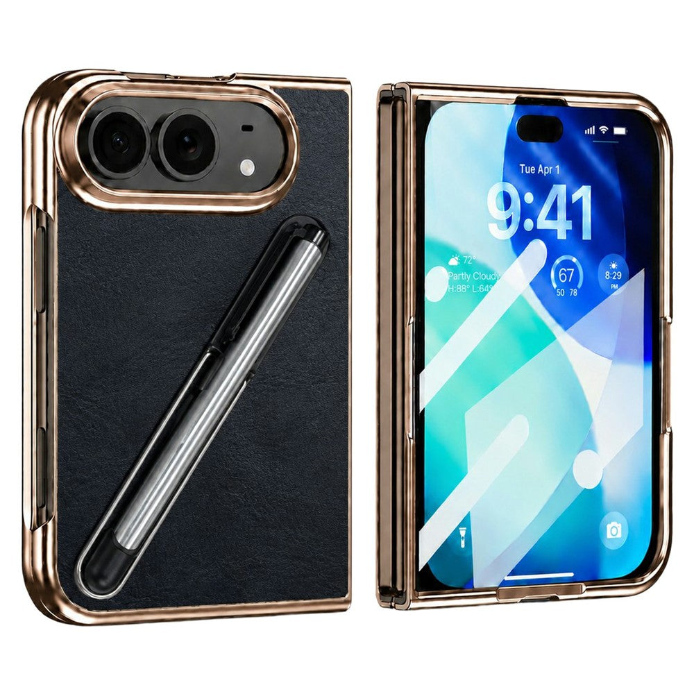 For iPhone Fold Case with Tempered Glass Flim / Stylus, Electroplating Leather + PC Phone Cover