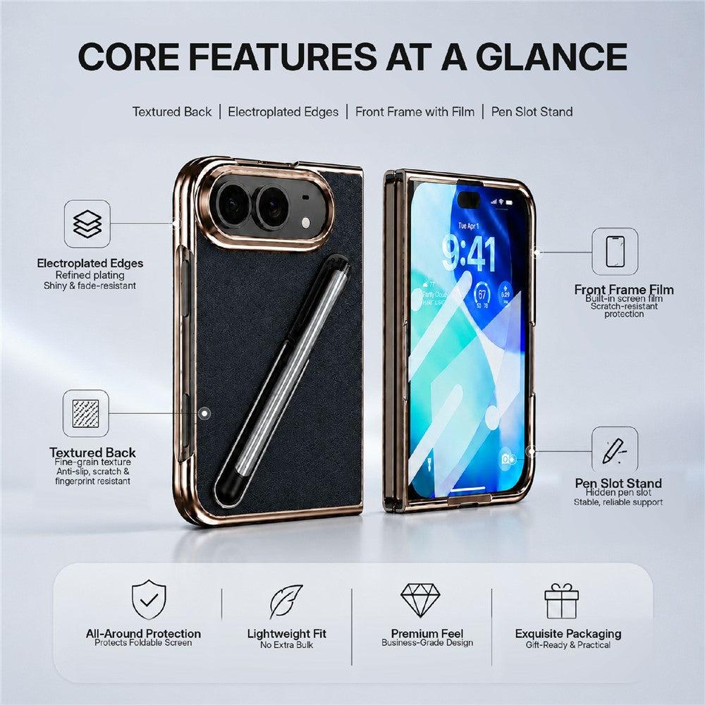 For iPhone Fold Case with Tempered Glass Flim / Stylus, Electroplating Leather + PC Phone Cover