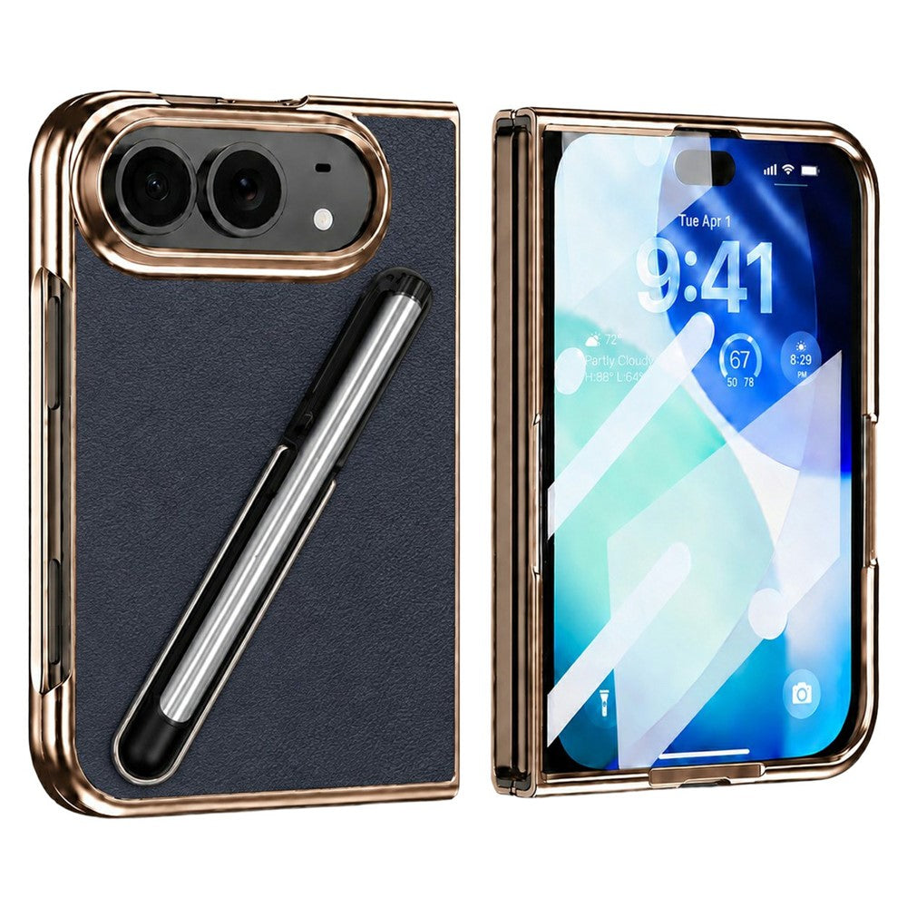 For iPhone Fold Case with Tempered Glass Flim / Stylus, Electroplating Leather + PC Phone Cover