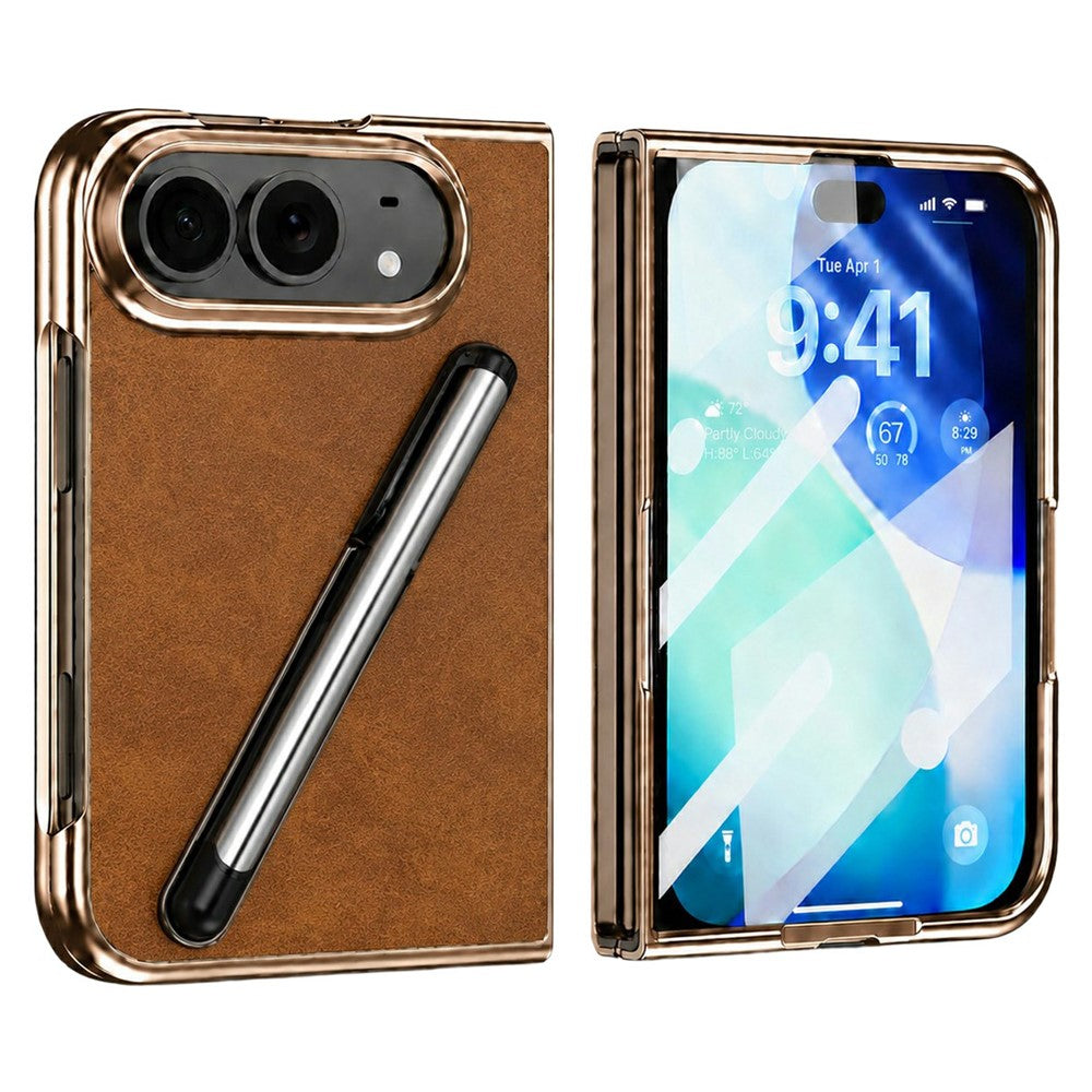For iPhone Fold Case with Tempered Glass Flim / Stylus, Electroplating Leather + PC Phone Cover