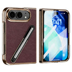 For iPhone Fold Case with Tempered Glass Flim / Stylus, Electroplating Leather + PC Phone Cover