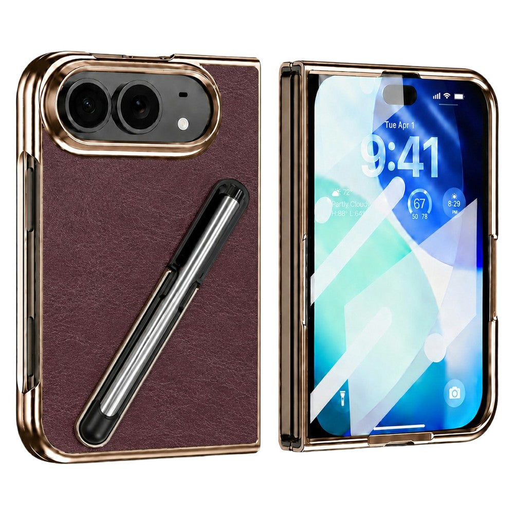 For iPhone Fold Case with Tempered Glass Flim / Stylus, Electroplating Leather + PC Phone Cover