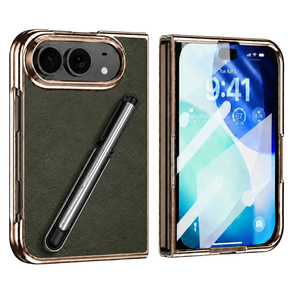 For iPhone Fold Case with Tempered Glass Flim / Stylus, Electroplating Leather + PC Phone Cover