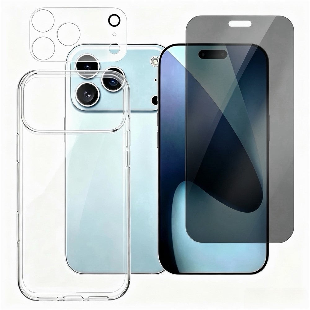 Til iPhone 18 Pro Max cover 1,0 mm klart TPU telefoncover + Anti-spion hærdet glasskærmbeskytter + kameralinsebeskytter