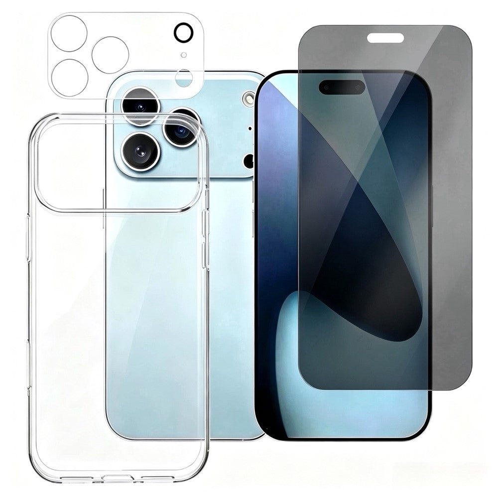 Cover til iPhone 18 Pro, 1,0 mm klart TPU-mobilcover + hærdet anti-spy-skærmfilm + beskyttelse til kameralinse
