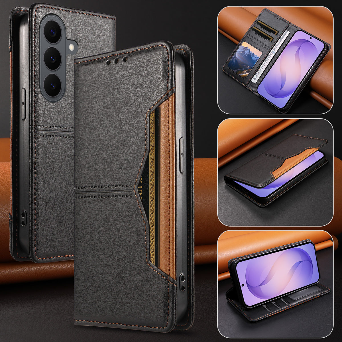 Plånboksfodral för Samsung Galaxy S26+ med externt kortfack, magnetisk stängning, läderfodral
