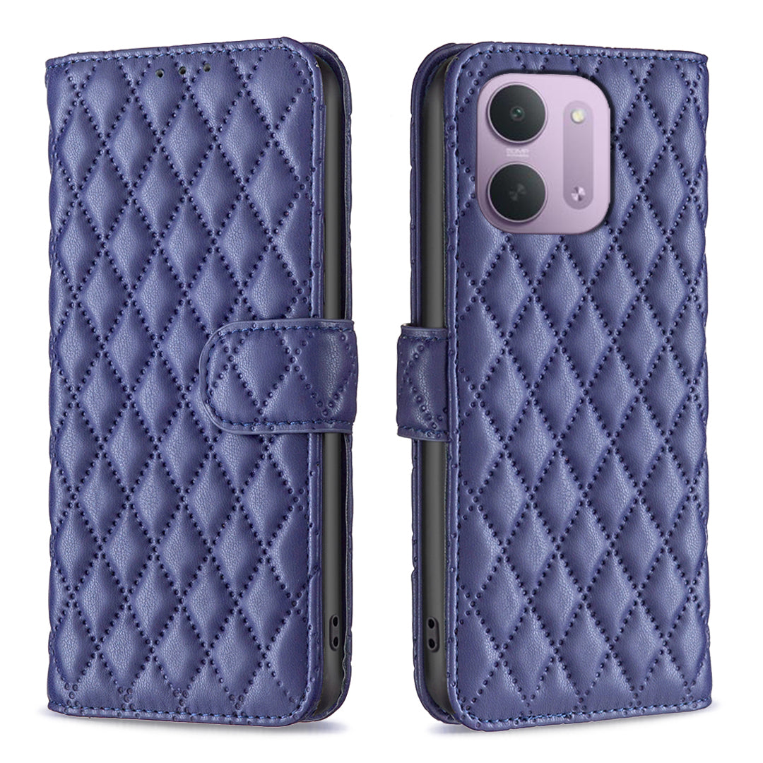 BINFEN COLOR för Xiaomi Redmi 15C 4G (Global) (171 mm) / Xiaomi Poco C85 4G (171 mm) / Xiaomi Redmi 17C 5G BF Style-14-skal med rombiskt läderfodral, stativ