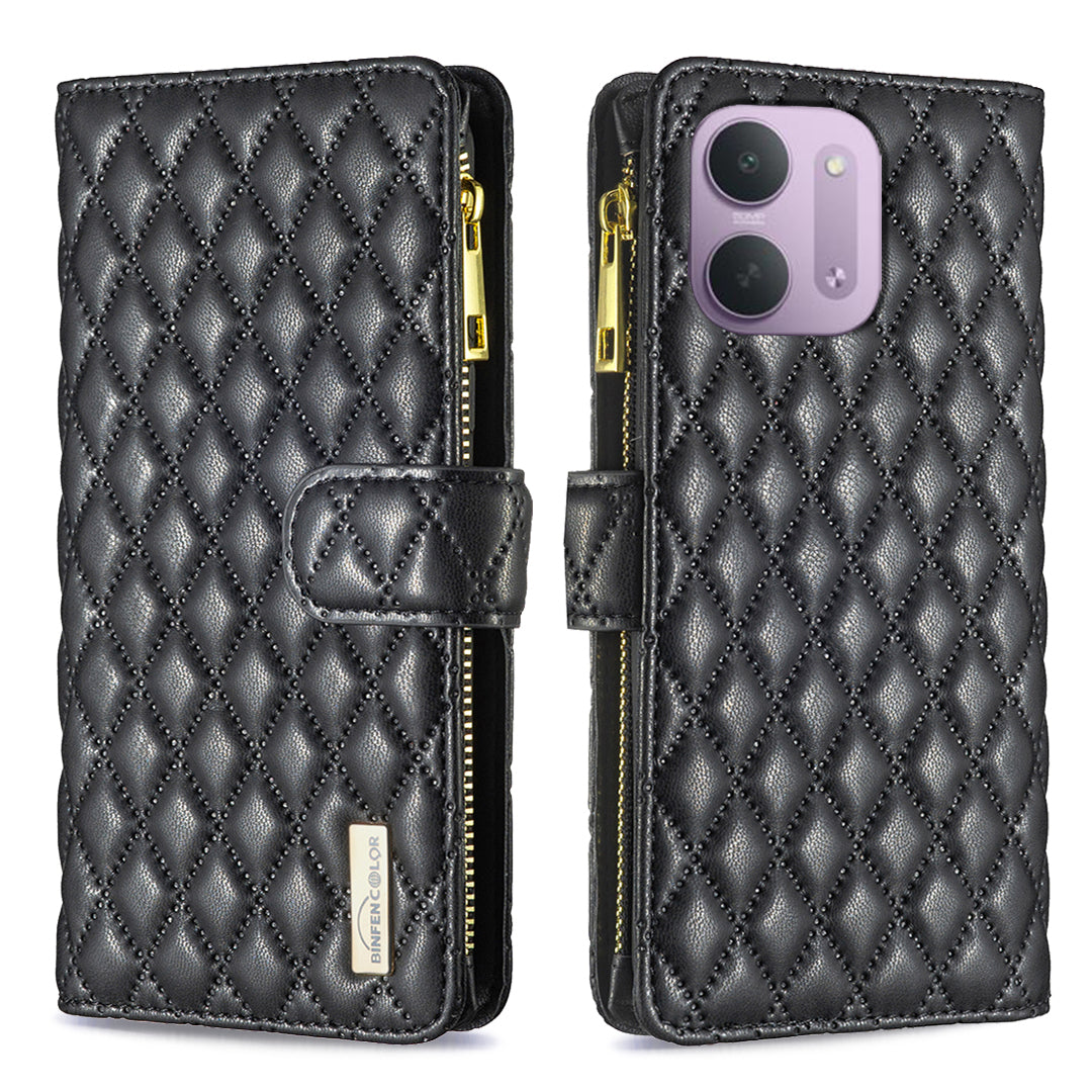 BINFEN COLOR för Xiaomi Redmi 15C 4G (Global) (171mm) / Xiaomi Poco C85 4G (171mm) / Xiaomi Redmi 17C 5G BF Style-15 Läderfodral Blixtlåsficka Rombiskt mobilfodral