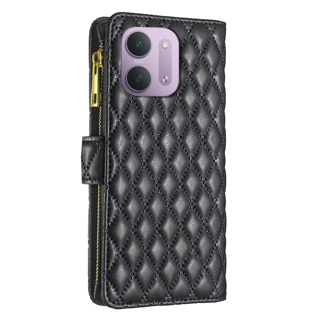 BINFEN COLOR för Xiaomi Redmi 15C 4G (Global) (171mm) / Xiaomi Poco C85 4G (171mm) / Xiaomi Redmi 17C 5G BF Style-15 Läderfodral Blixtlåsficka Rombiskt mobilfodral