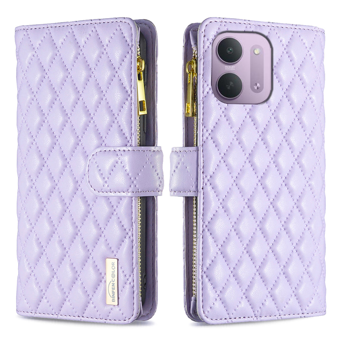 BINFEN COLOR för Xiaomi Redmi 15C 4G (Global) (171mm) / Xiaomi Poco C85 4G (171mm) / Xiaomi Redmi 17C 5G BF Style-15 Läderfodral Blixtlåsficka Rombiskt mobilfodral
