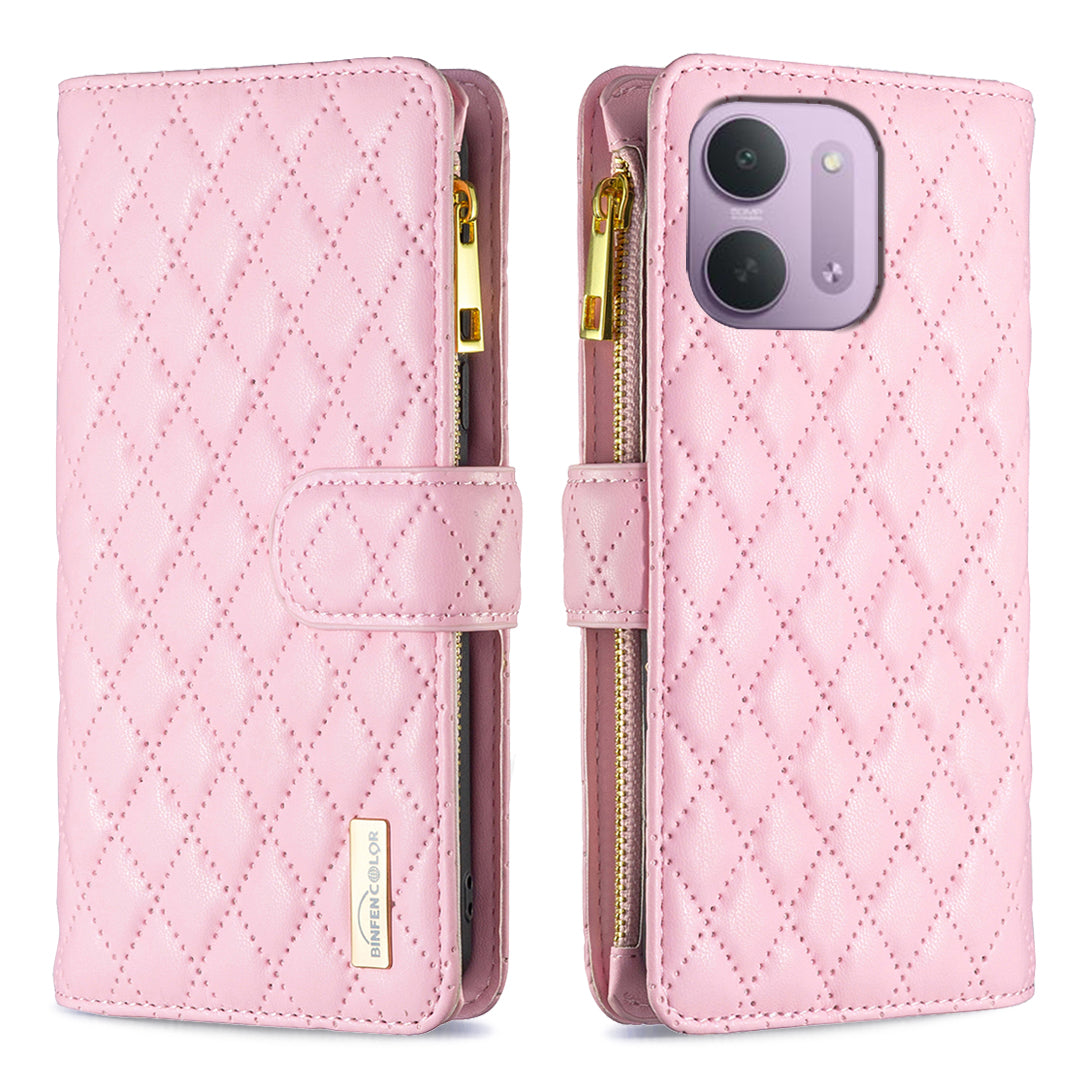 BINFEN COLOR för Xiaomi Redmi 15C 4G (Global) (171mm) / Xiaomi Poco C85 4G (171mm) / Xiaomi Redmi 17C 5G BF Style-15 Läderfodral Blixtlåsficka Rombiskt mobilfodral