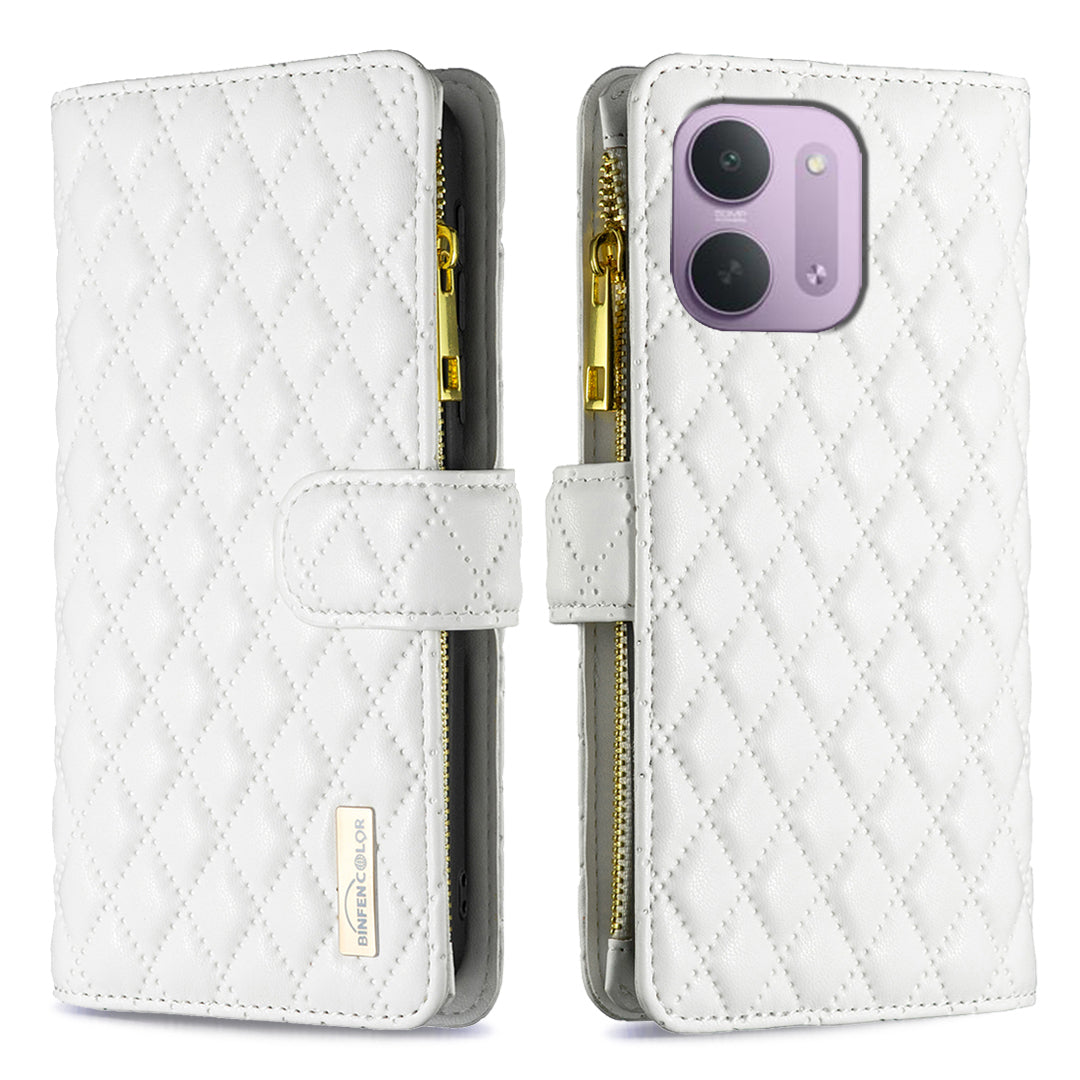 BINFEN COLOR för Xiaomi Redmi 15C 4G (Global) (171mm) / Xiaomi Poco C85 4G (171mm) / Xiaomi Redmi 17C 5G BF Style-15 Läderfodral Blixtlåsficka Rombiskt mobilfodral