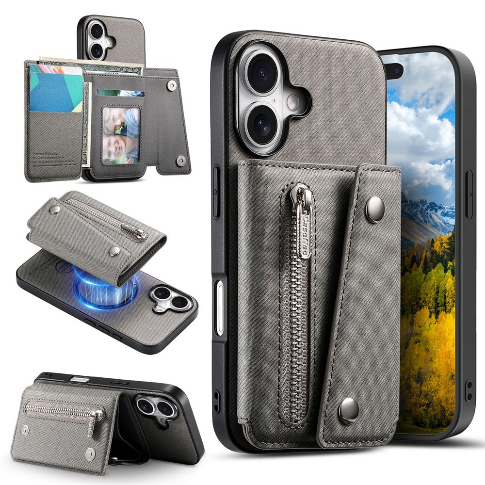 For iPhone 17 Magnetic Case Twill Cloth Texture PU Leather Phone Back Cover with Tri-fold Card Holder