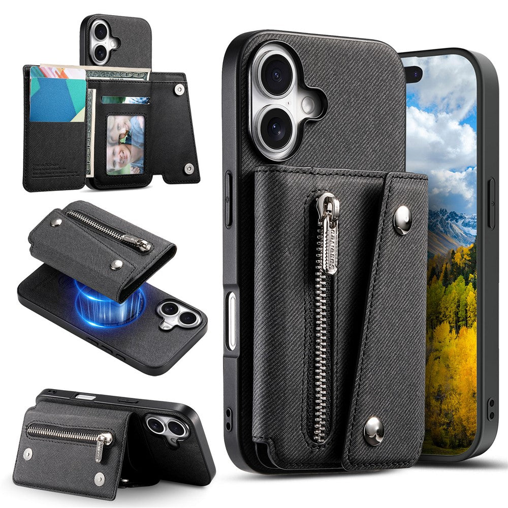 For iPhone 17 Magnetic Case Twill Cloth Texture PU Leather Phone Back Cover with Tri-fold Card Holder