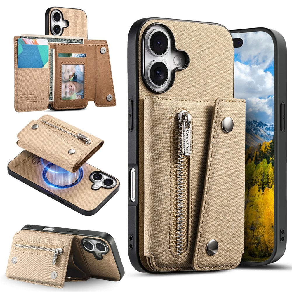 For iPhone 17 Magnetic Case Twill Cloth Texture PU Leather Phone Back Cover with Tri-fold Card Holder