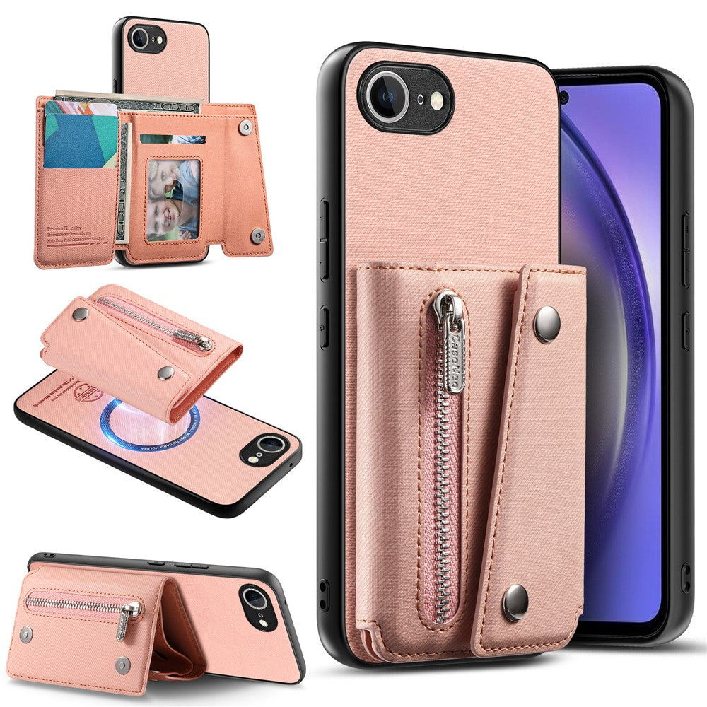 For iPhone 17th / 16th Magnetic Case Twill Cloth Texture PU Leather Phone Back Cover with Tri-fold Card Holder