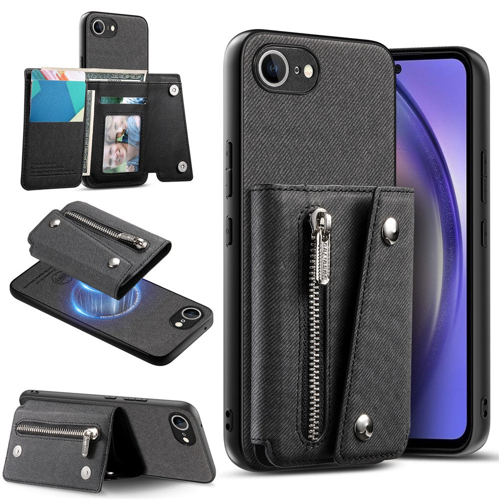 For iPhone 17th / 16th Magnetic Case Twill Cloth Texture PU Leather Phone Back Cover with Tri-fold Card Holder