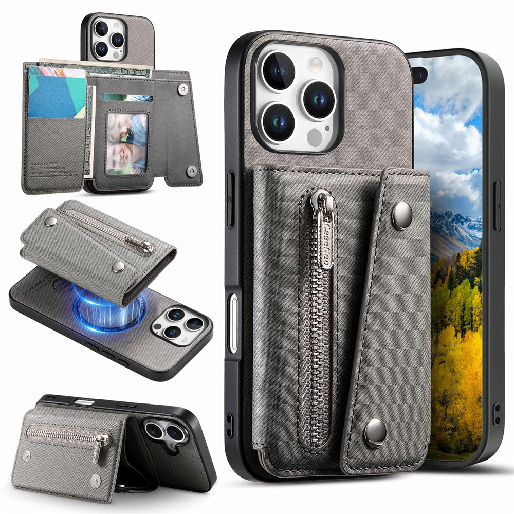 For iPhone 16 Pro Magnetic Case Twill Cloth Texture PU Leather Phone Back Cover with Tri-fold Card Holder