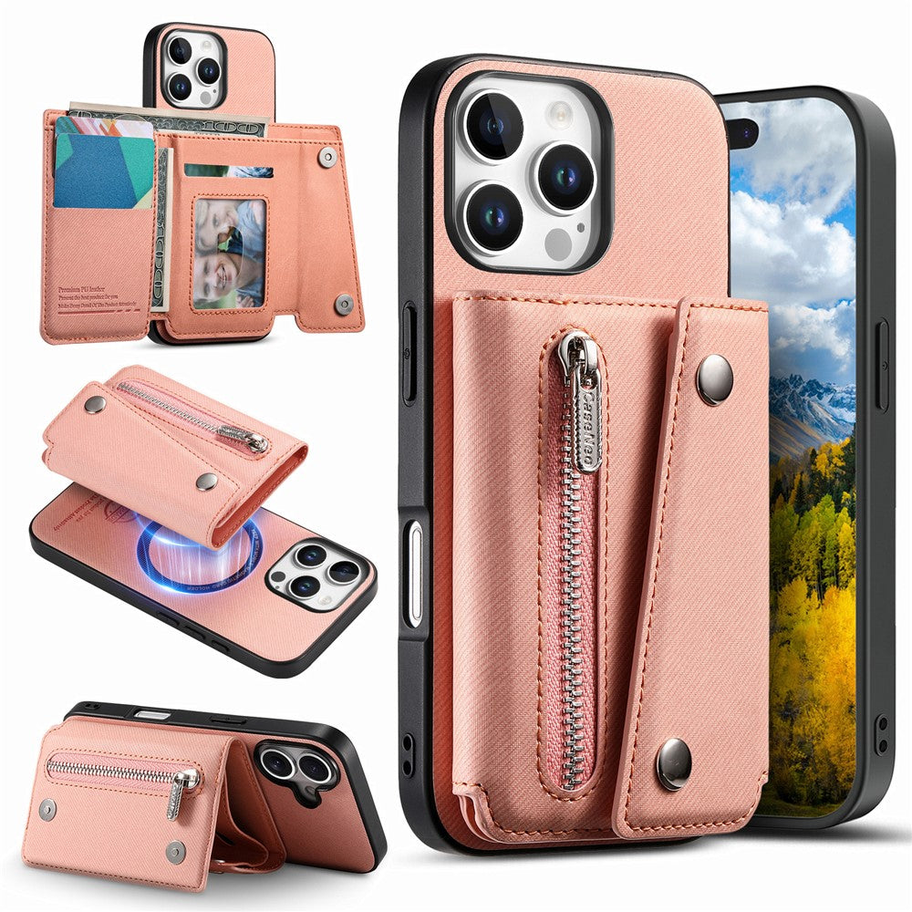 For iPhone 16 Pro Max Magnetic Case Twill Cloth Texture PU Leather Phone Back Cover with Tri-fold Card Holder