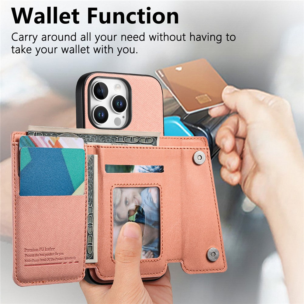 For iPhone 16 Pro Max Magnetic Case Twill Cloth Texture PU Leather Phone Back Cover with Tri-fold Card Holder