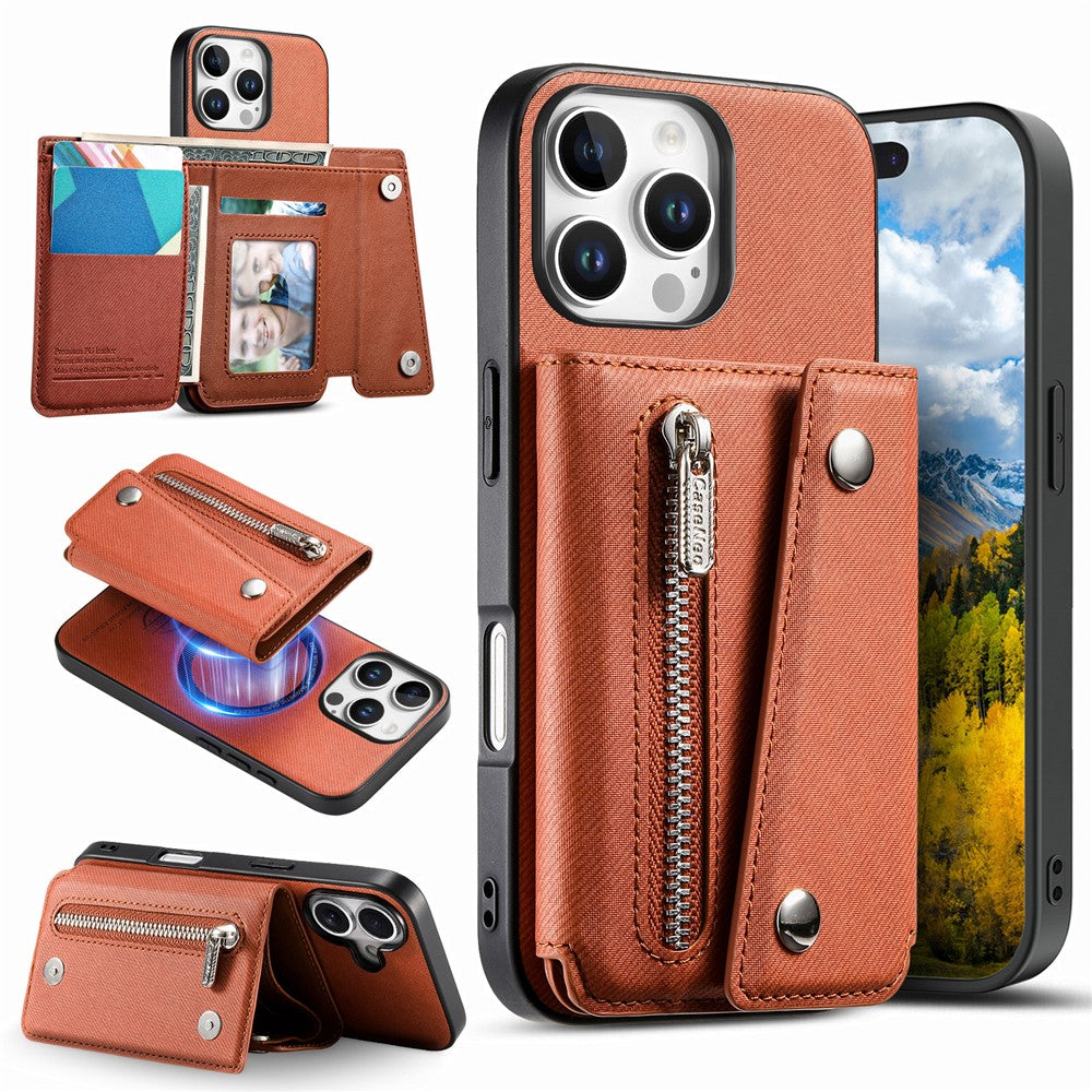 For iPhone 16 Pro Max Magnetic Case Twill Cloth Texture PU Leather Phone Back Cover with Tri-fold Card Holder