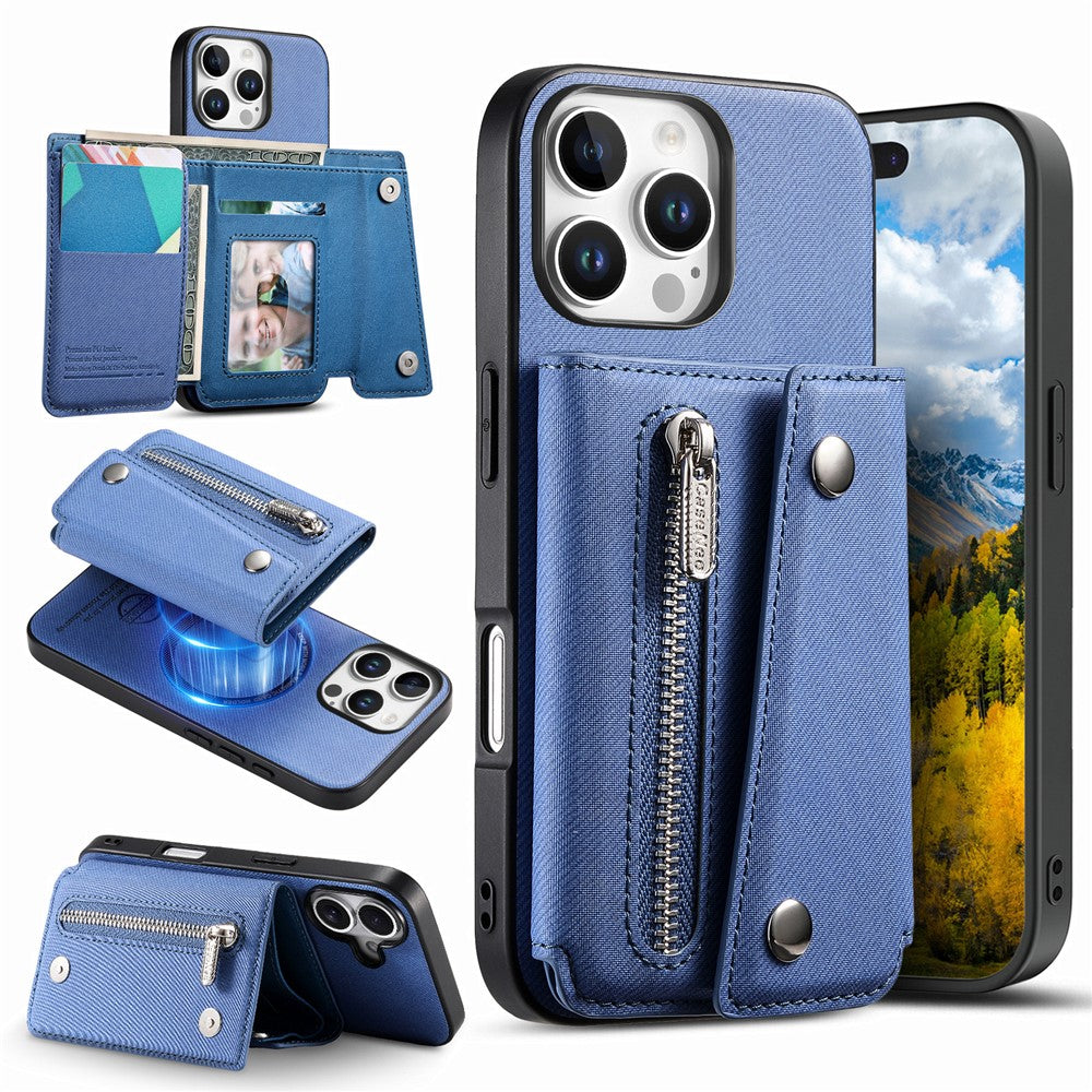 For iPhone 16 Pro Max Magnetic Case Twill Cloth Texture PU Leather Phone Back Cover with Tri-fold Card Holder