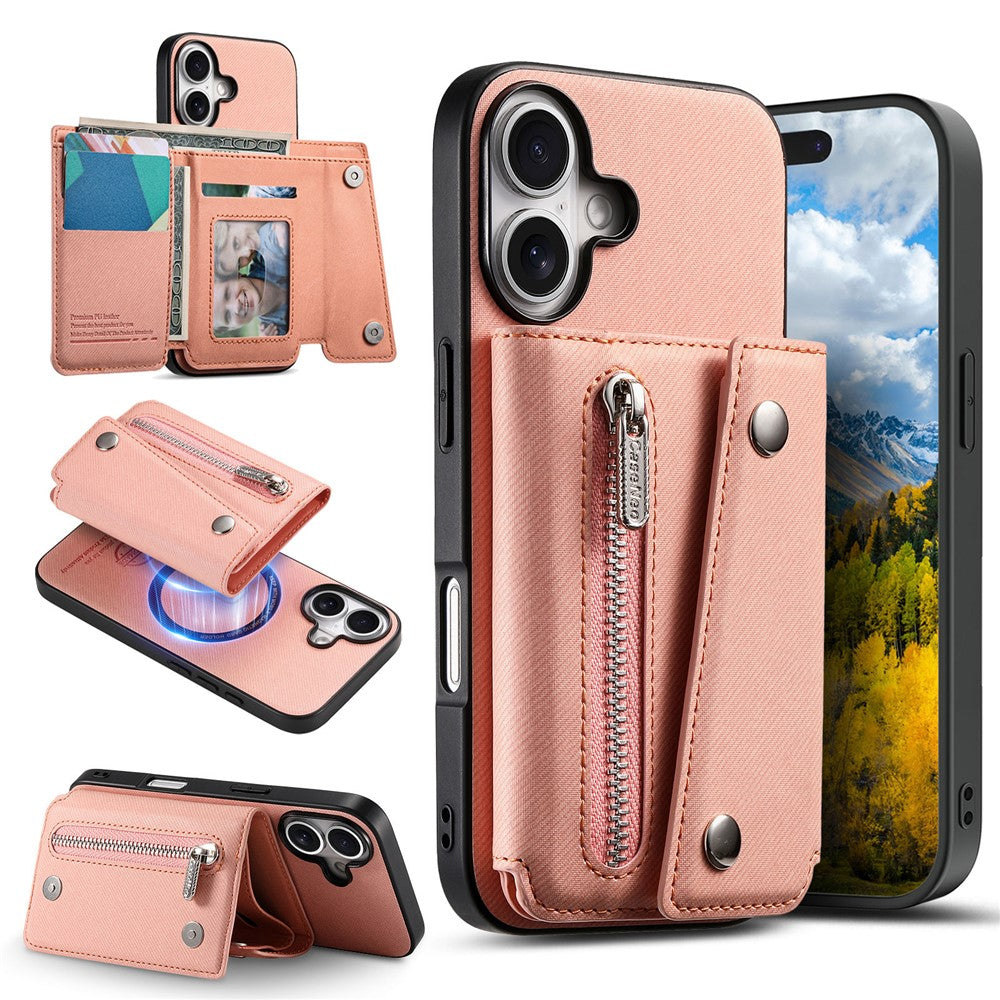 For iPhone 16 Magnetic Case Twill Cloth Texture PU Leather Phone Back Cover with Tri-fold Card Holder