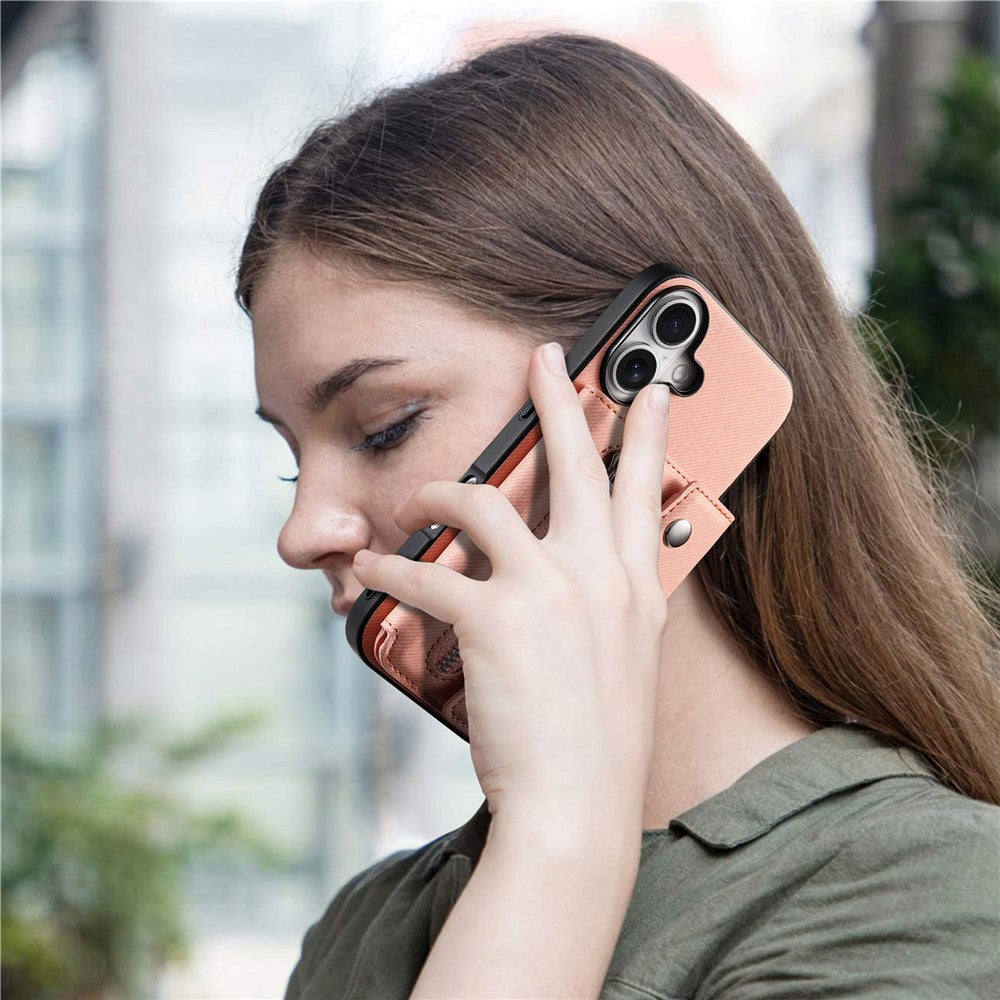 For iPhone 16 Magnetic Case Twill Cloth Texture PU Leather Phone Back Cover with Tri-fold Card Holder
