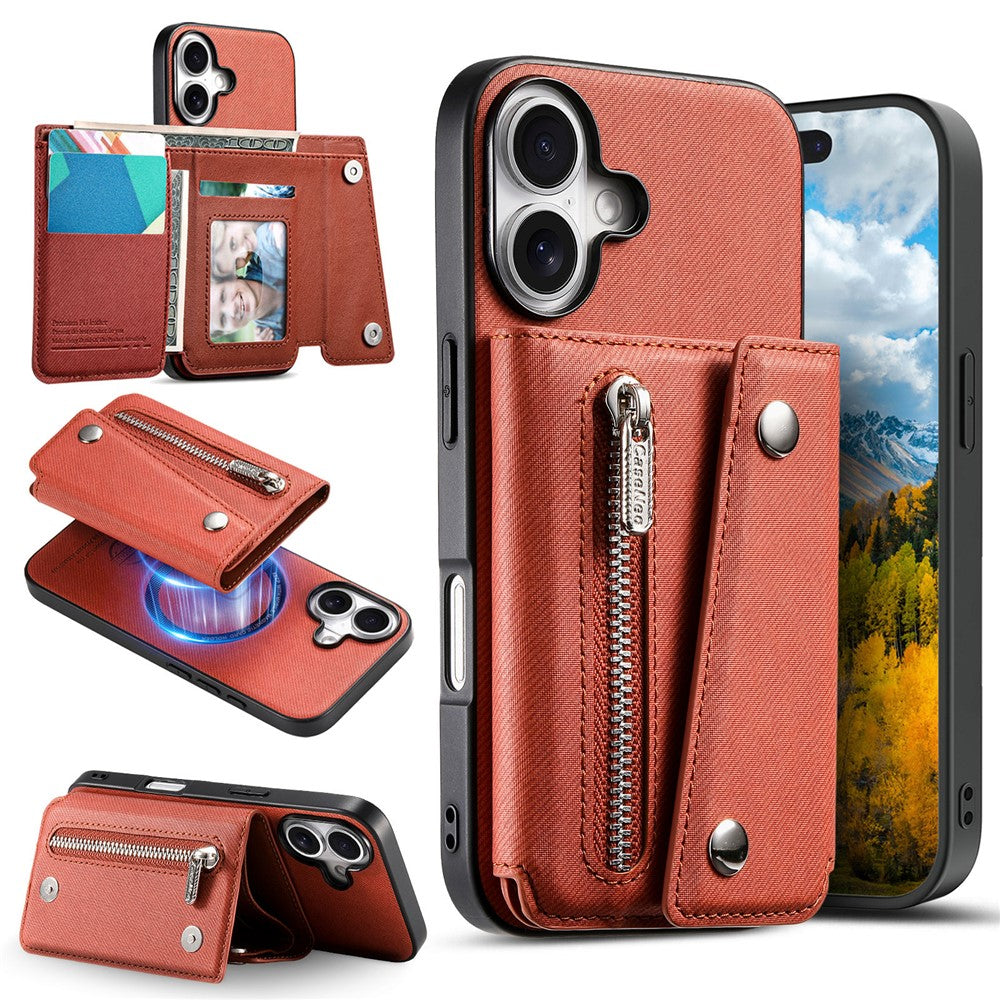 For iPhone 16 Magnetic Case Twill Cloth Texture PU Leather Phone Back Cover with Tri-fold Card Holder