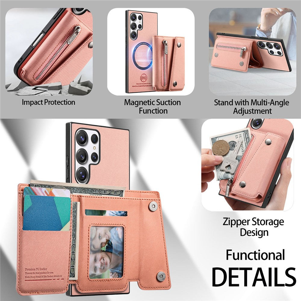 Til Samsung Galaxy S26 Ultra magnetisk cover i twill-stoftekstur PU-læder telefonbagside med trefoldelig kortholder