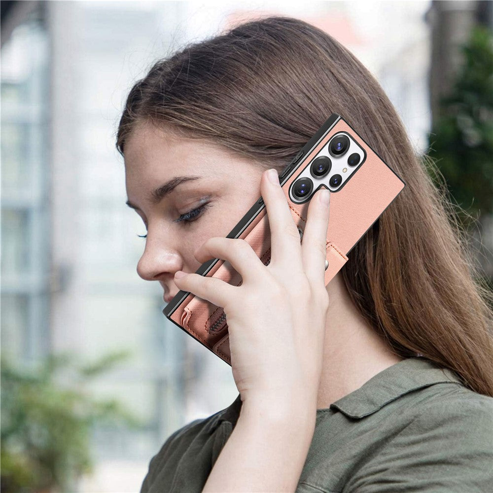 Til Samsung Galaxy S26 Ultra magnetisk cover i twill-stoftekstur PU-læder telefonbagside med trefoldelig kortholder