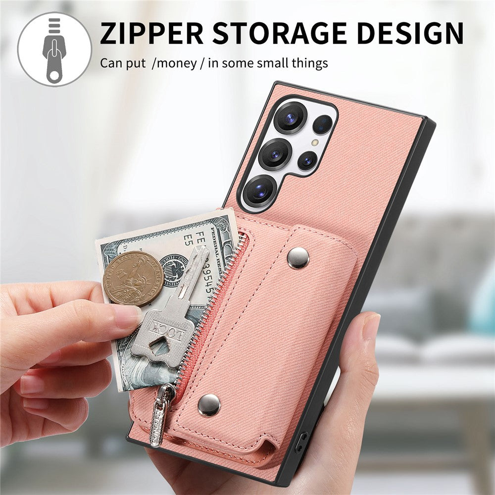 Til Samsung Galaxy S26 Ultra magnetisk cover i twill-stoftekstur PU-læder telefonbagside med trefoldelig kortholder