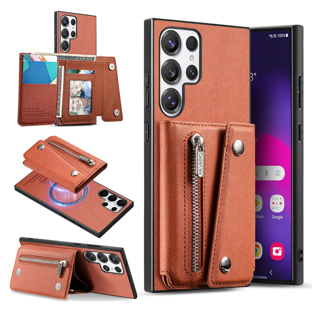 Til Samsung Galaxy S26 Ultra magnetisk cover i twill-stoftekstur PU-læder telefonbagside med trefoldelig kortholder