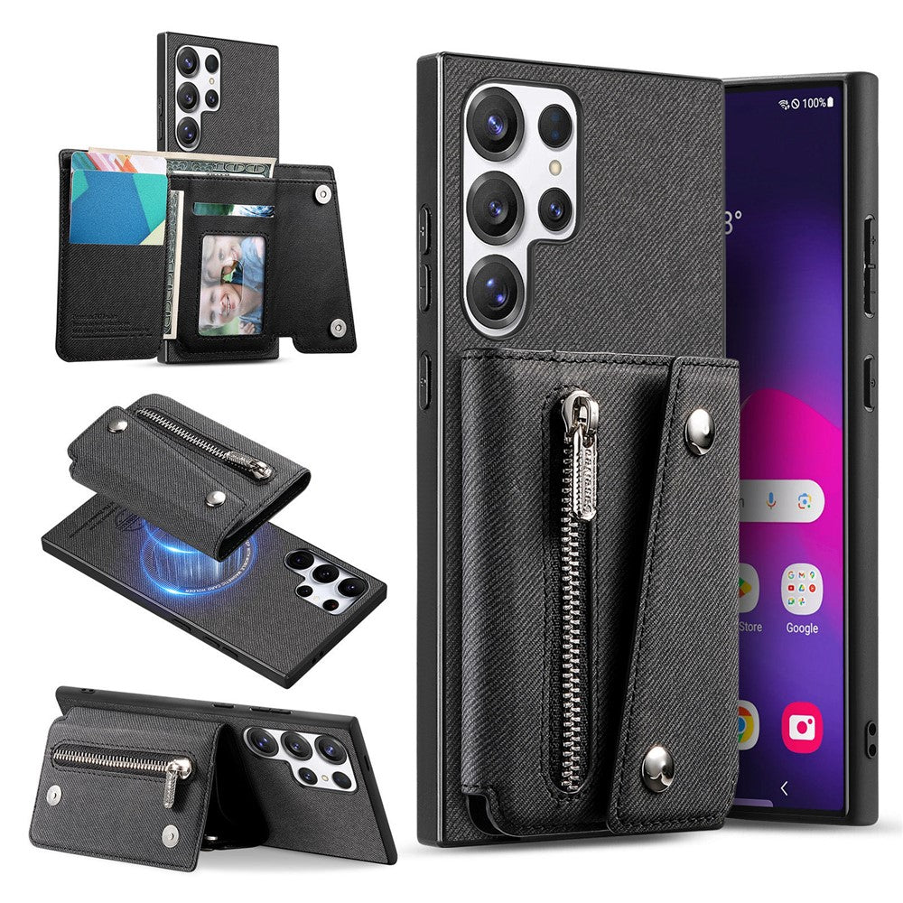 Til Samsung Galaxy S26 Ultra magnetisk cover i twill-stoftekstur PU-læder telefonbagside med trefoldelig kortholder