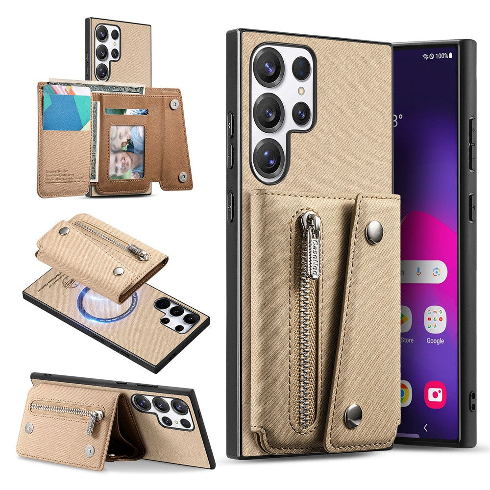 Til Samsung Galaxy S26 Ultra magnetisk cover i twill-stoftekstur PU-læder telefonbagside med trefoldelig kortholder