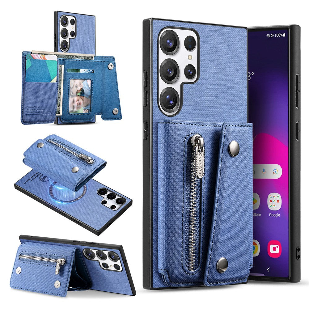 Til Samsung Galaxy S26 Ultra magnetisk cover i twill-stoftekstur PU-læder telefonbagside med trefoldelig kortholder